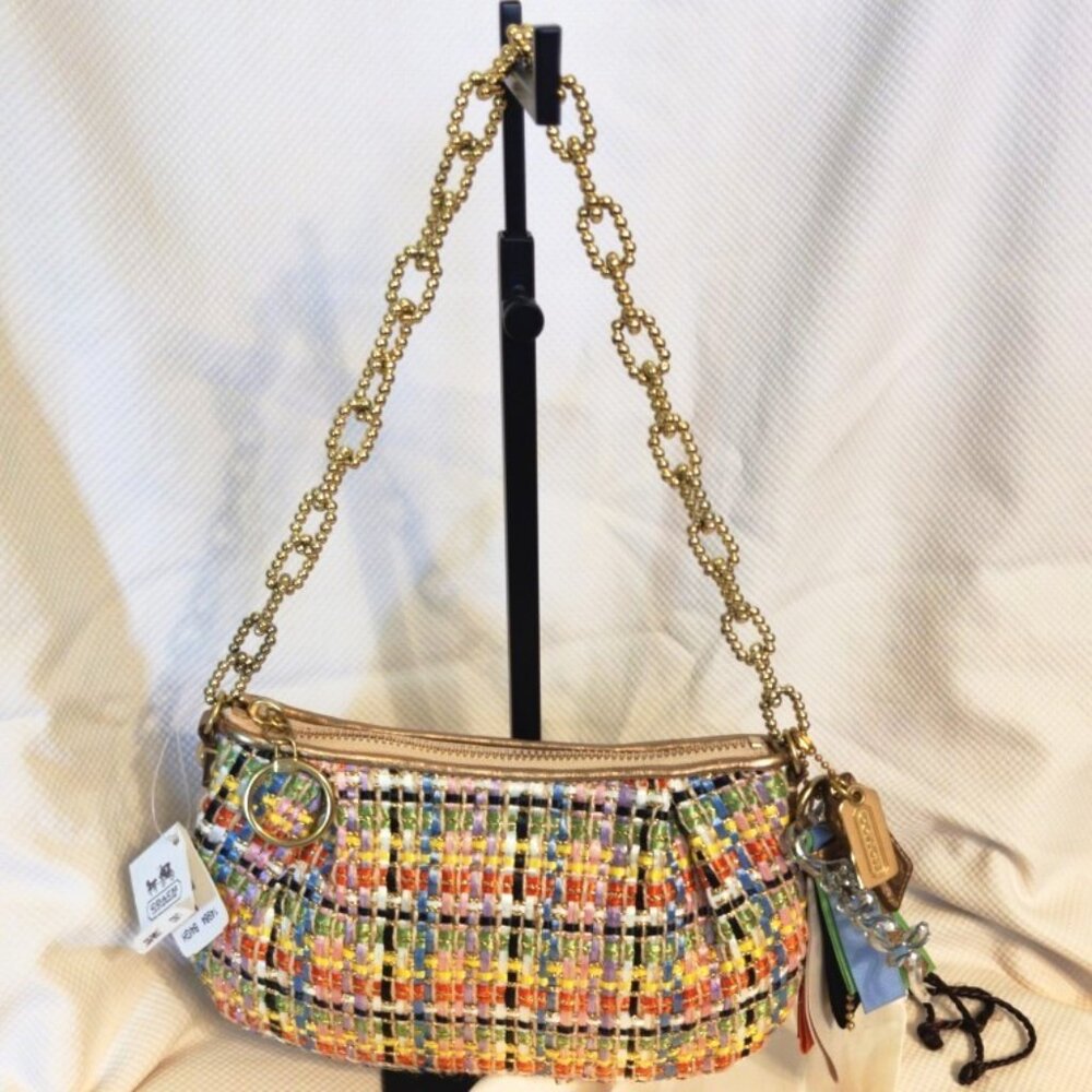 Coach Poppy Lim Edi Occasion Tweedy Mini Clutch Handbag in Gold Tweed Multi, NWT